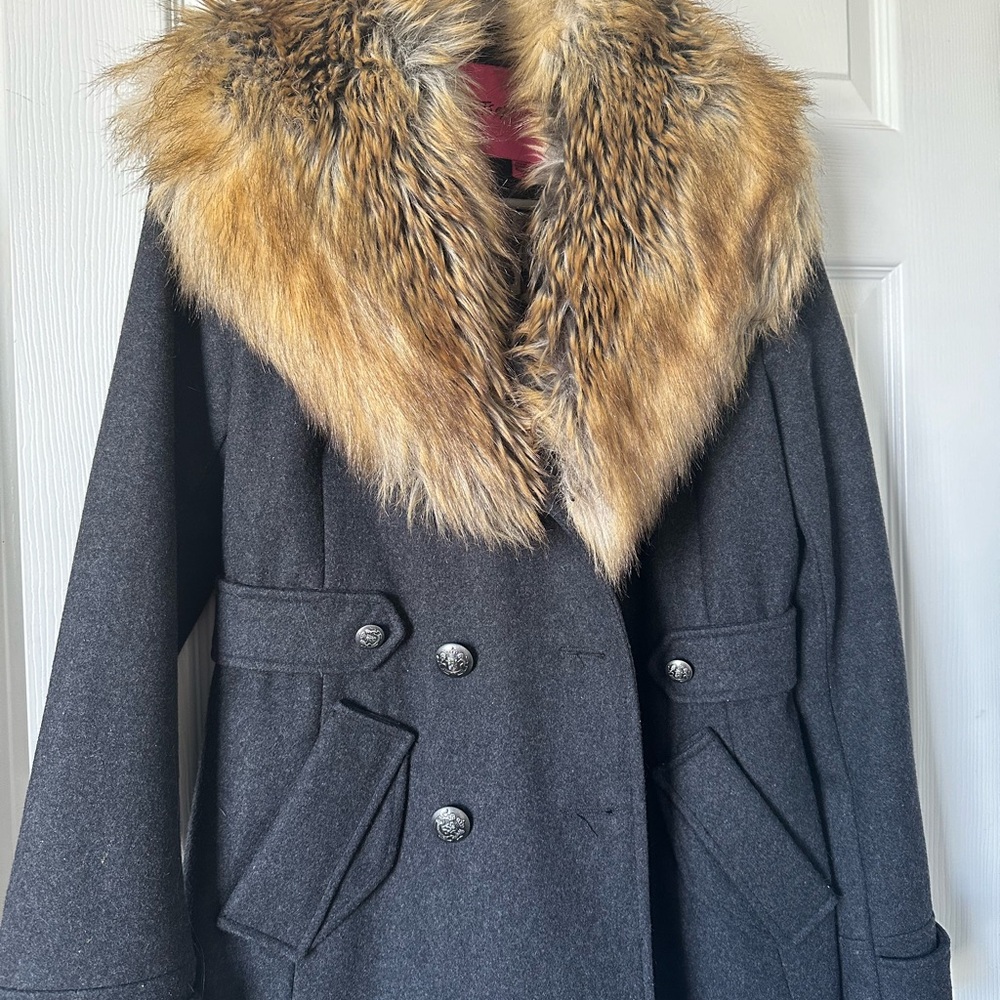 Betsy Johnson charcoal grey wool pea coat with detachable faux fur